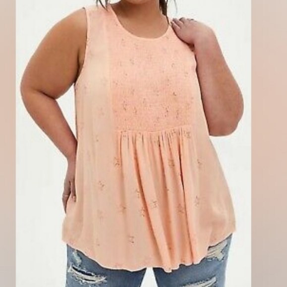 Torrid Peach Star Print Gauze Tank Top Smocked Size 00 (L) NWT - Picture 4 of 14